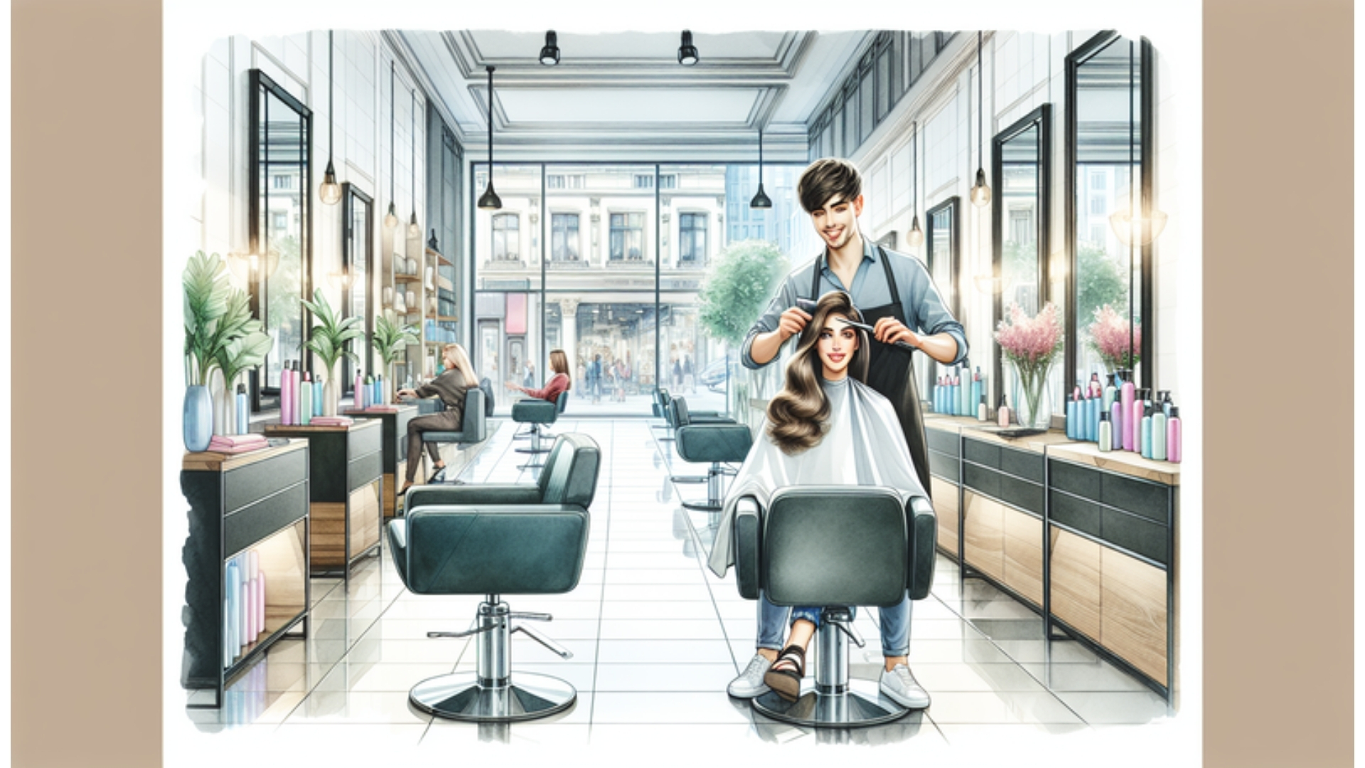 Moderner Friseursalon in Flensburg mit Friseur beim Schneiden einer neuen trendigen Frisur, im Aquarellstil dargestellt.