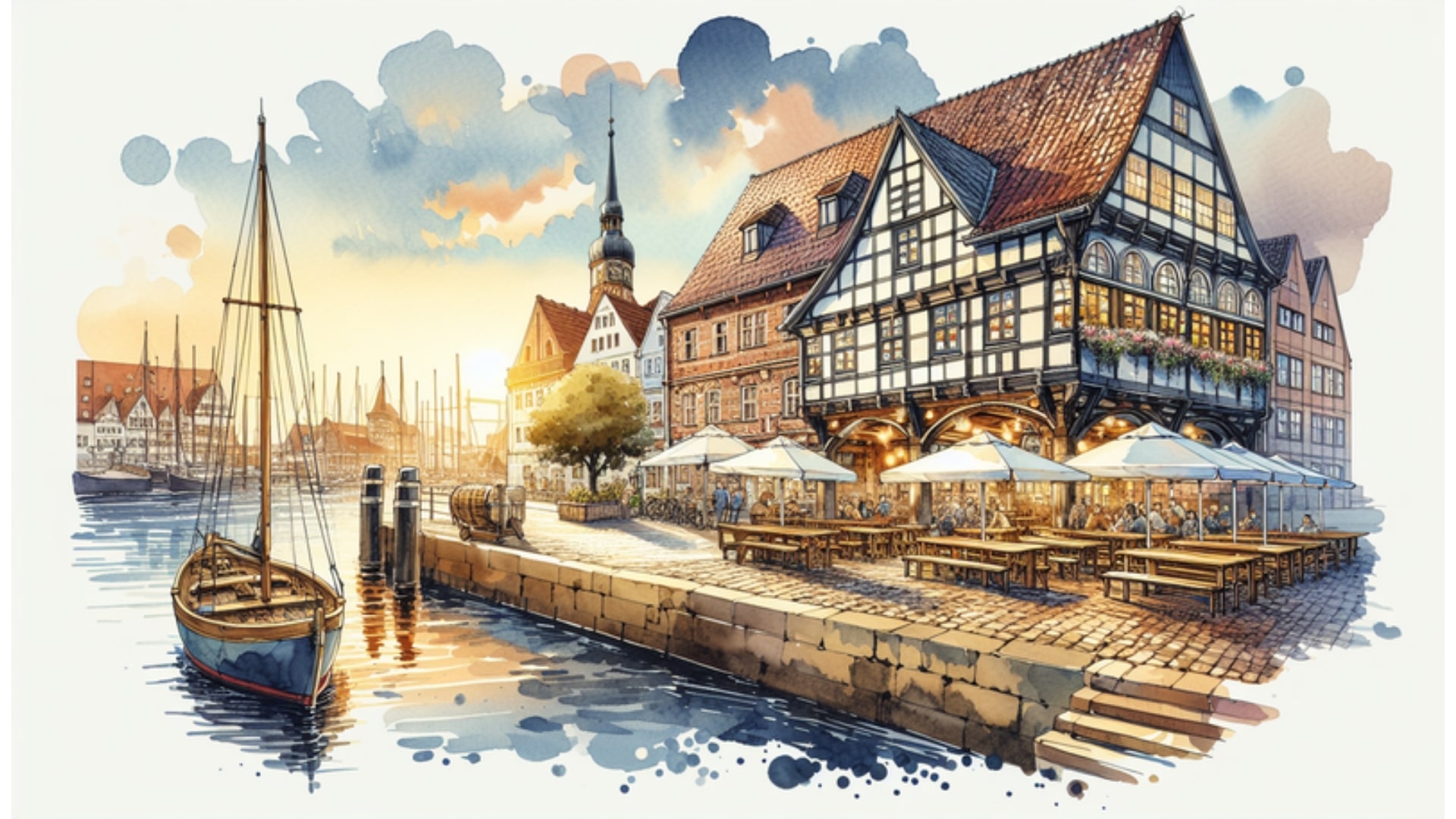 Außenansicht von Hansens Brauerei in Flensburg, historische Architektur am Innenhafen, Aquarellstil, 16:9.