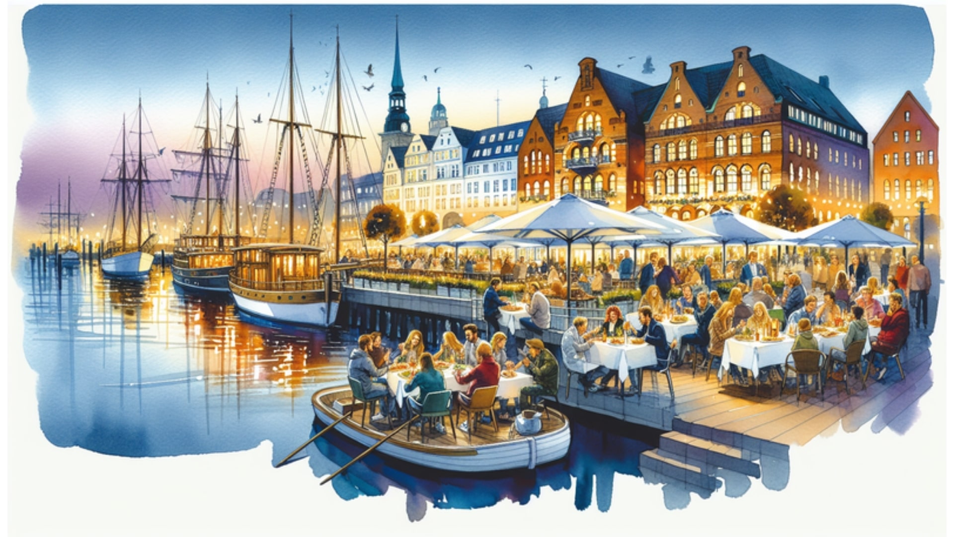 Aquarellszene am Flensburger Hafen bei Abenddämmerung, zeigt eine Gruppe Menschen in einem Hafenrestaurant und historische Segelschiffe im Hintergrund.