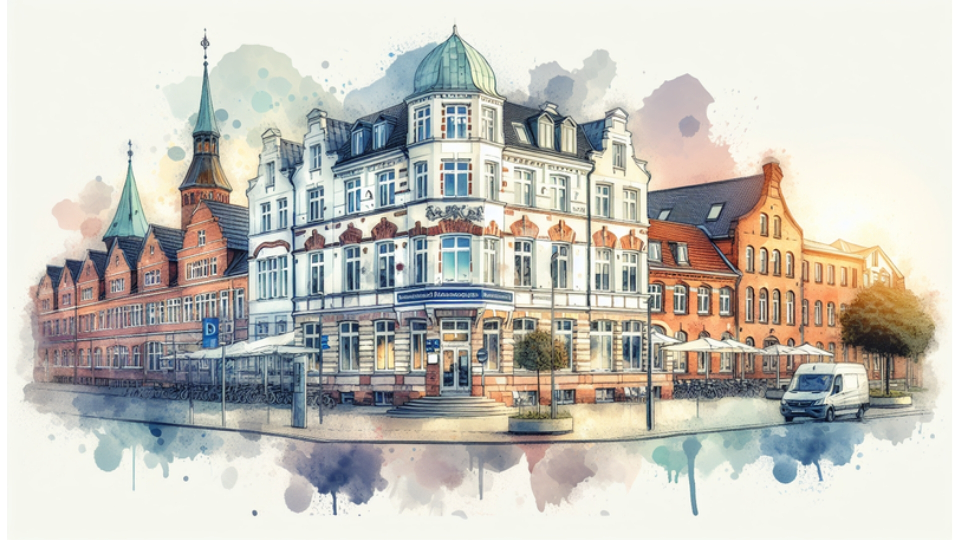 Aquarell-Stil Darstellung der Neurochirurgischen Klinik am Diakonissenanstalt zu Flensburg, umgeben von maritimer Atmosphäre und traditionellen Backsteinhäusern, 16:9 Bildverhältnis.