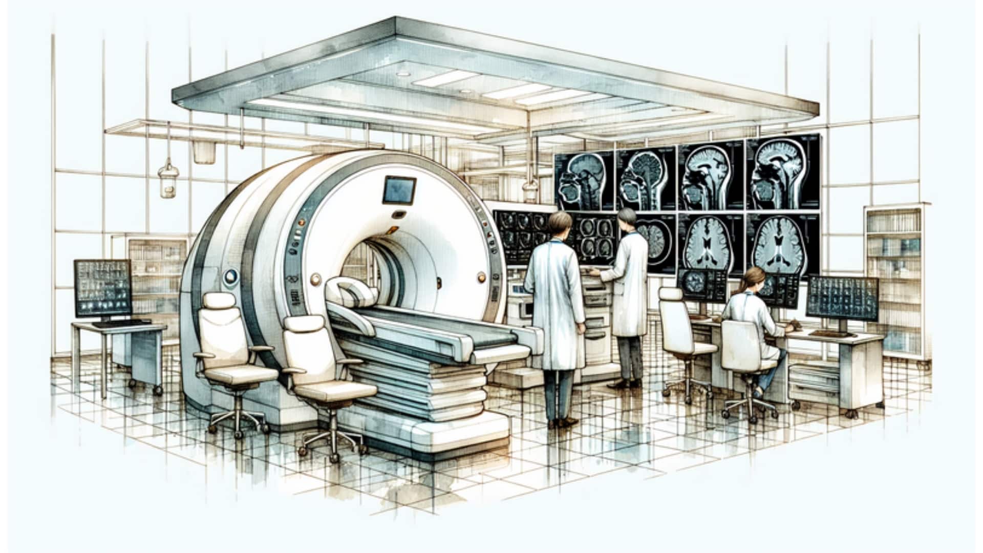 Modernes DIAKO Krankenhaus in Flensburg mit Neurorologen, die CT- und MRT-Geräte bedienen, fortschrittliche medizinische Technologie in der Neuroradiologie zeigend.