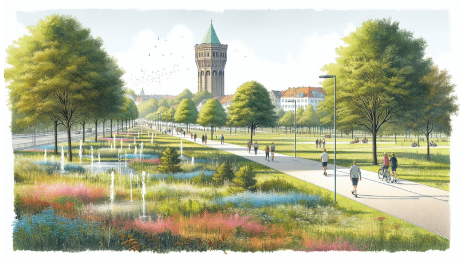 Panoramablick auf den Volkspark Flensburg mit dem Mürwiker Wasserturm im Hintergrund, umgeben von Natur und urbanem Flair, dargestellt im Aquarellstil.